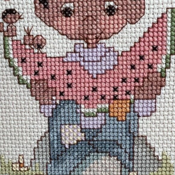Vtg Framed NEEDLEPOINT Child Eating Watermelon Butterfly Birds Oval Mat 9 x 11 - Picture 5 of 9